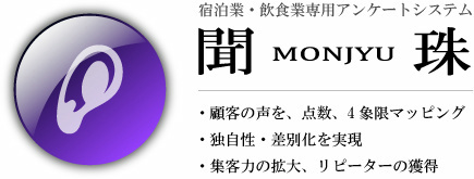 宿泊業　飲食業　専用アンケートシステム　聞珠 顧客の声を、点数、4象限マッピング 独自性・差別化を実現 集客力の拡大、リピーターの獲得